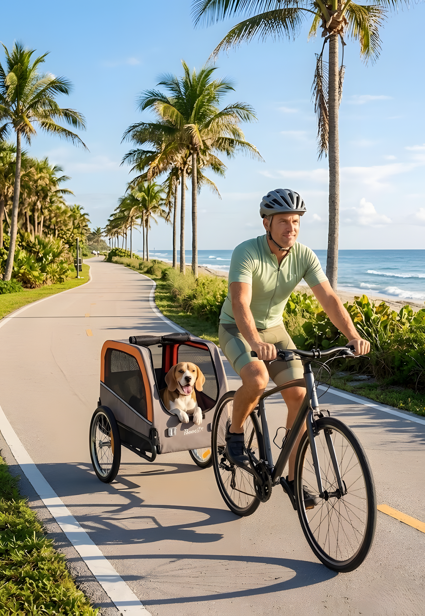 GianfiStore Dog Bike Trailer – man cycling on Florida coastal road with Beagle inside orange trailer, palm trees and ocean background