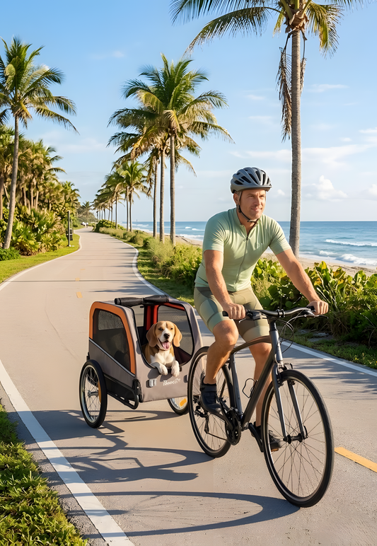 GianfiStore Dog Bike Trailer – man cycling on Florida coastal road with Beagle inside orange trailer, palm trees and ocean background