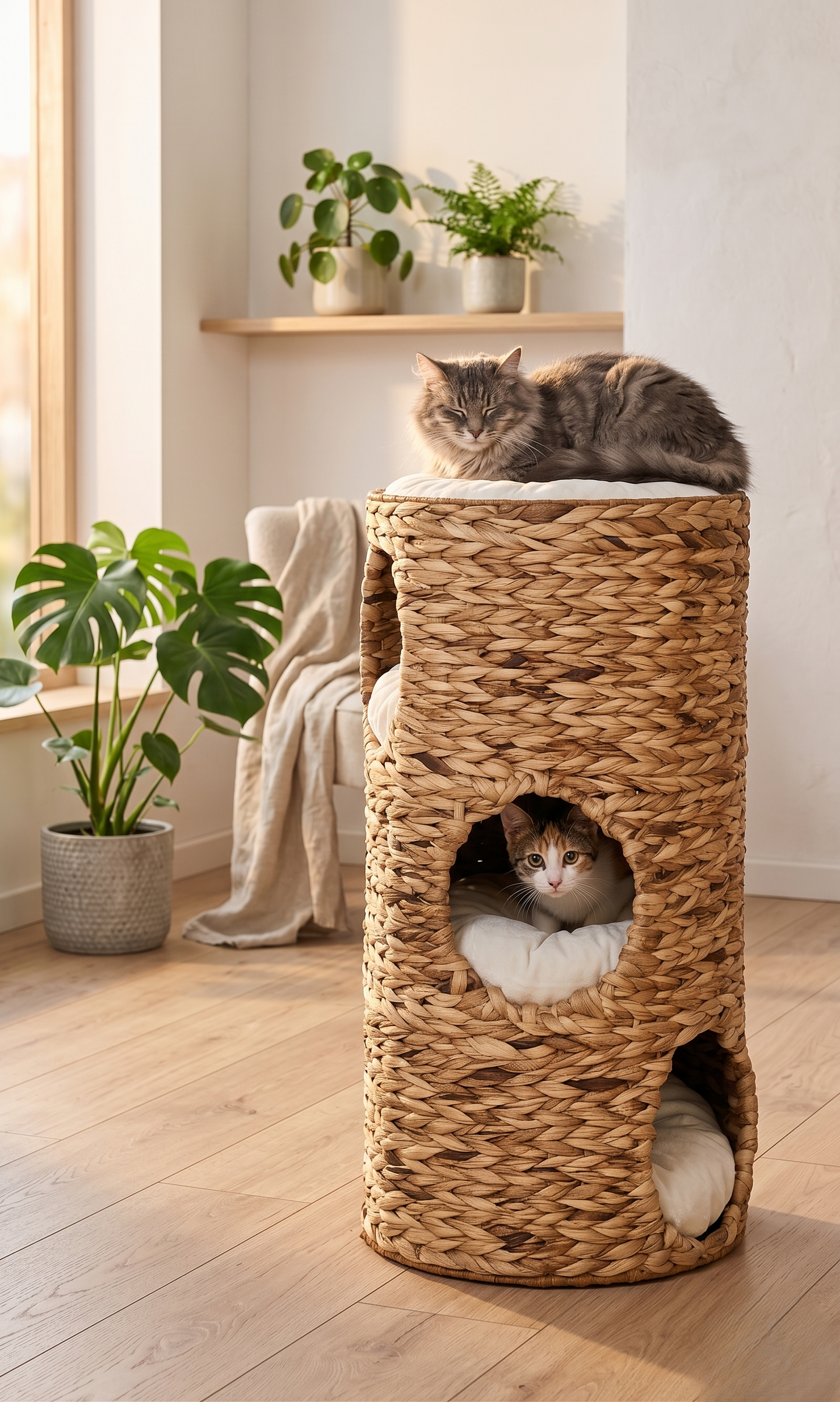 4-story water hyacinth cat tower lifestyle photo with cats in Scandinavian living room
