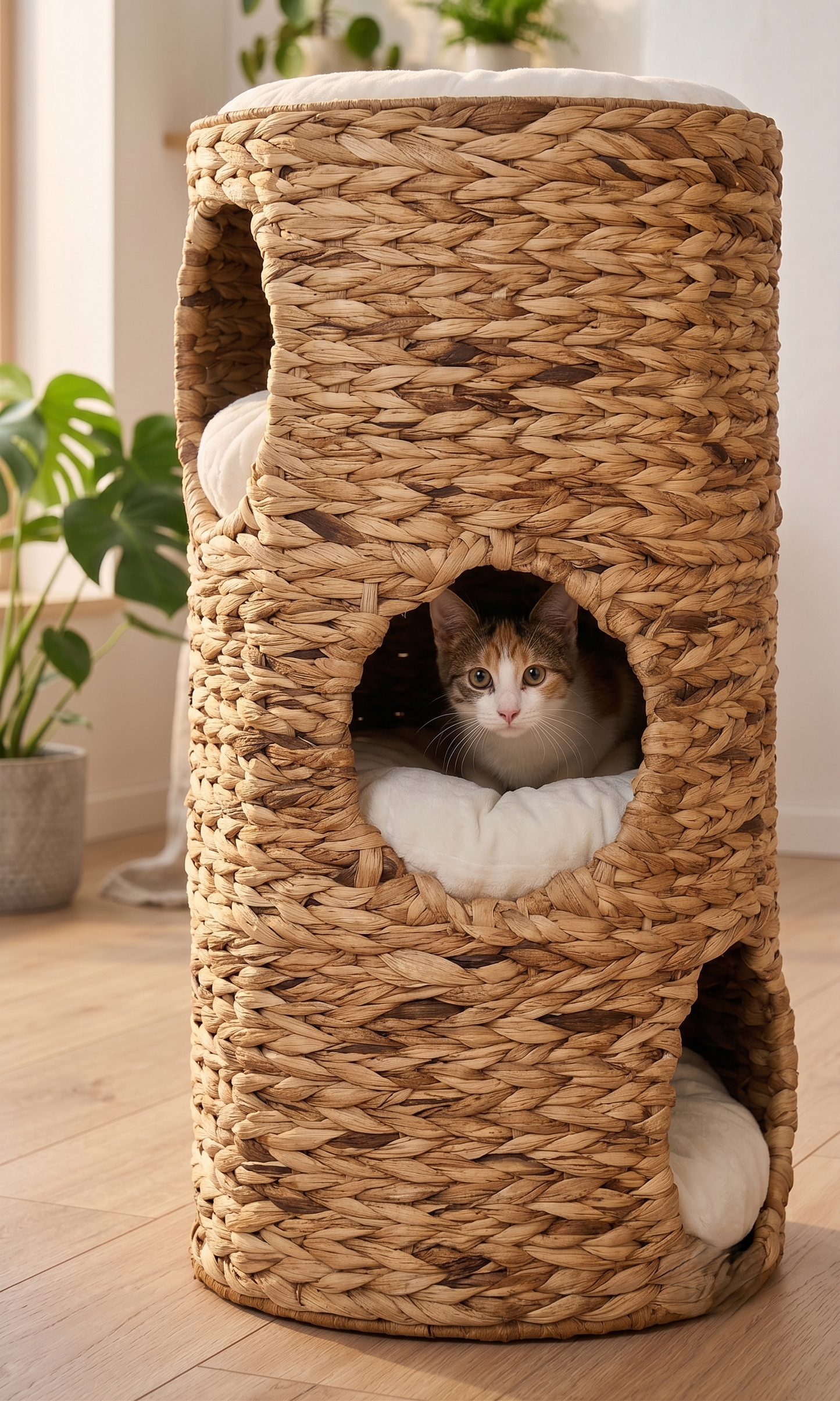Close-up detail of hand-woven water hyacinth cat tower with cat inside hideaway
