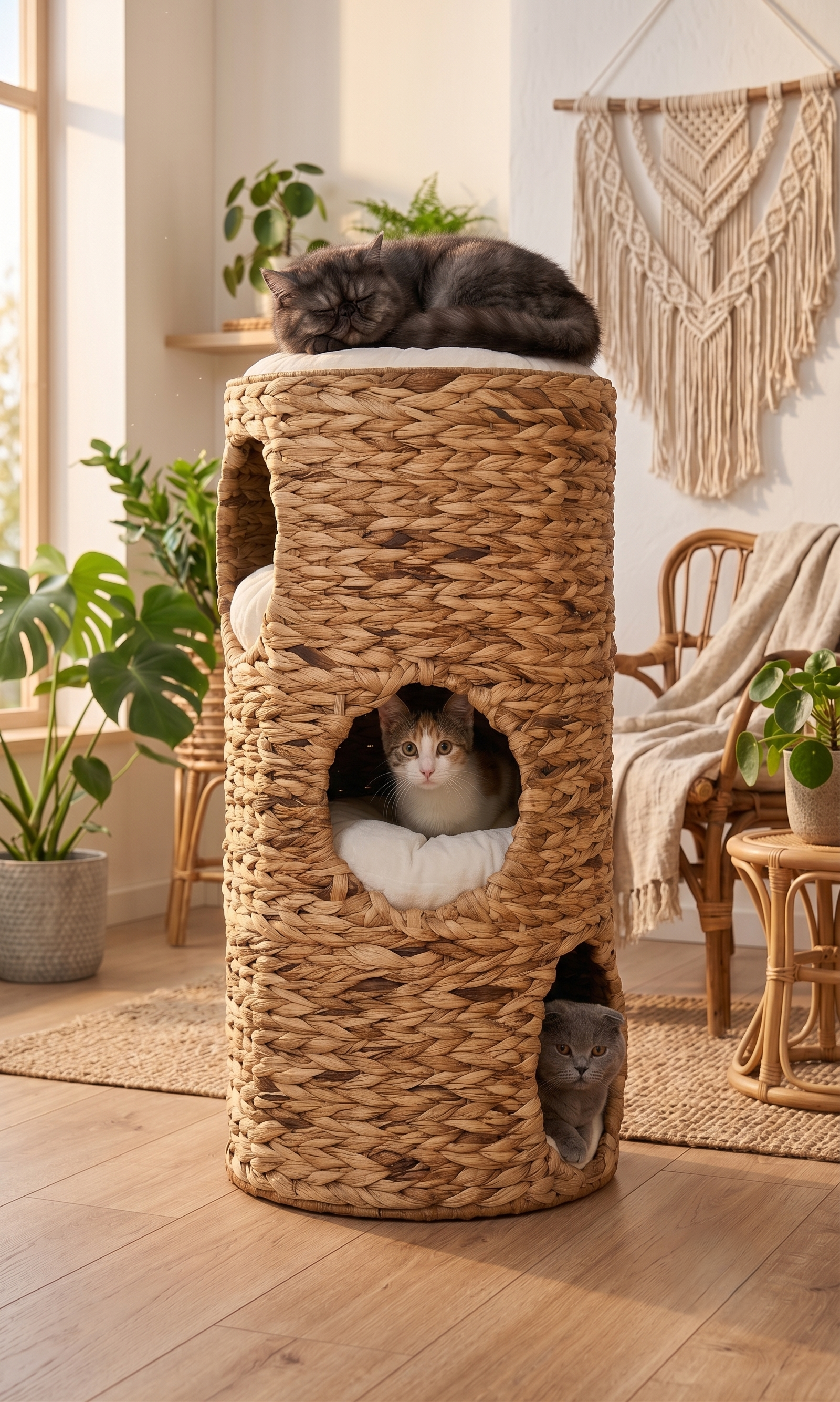 Multi-cat water hyacinth cat tower in boho living room with three cats
