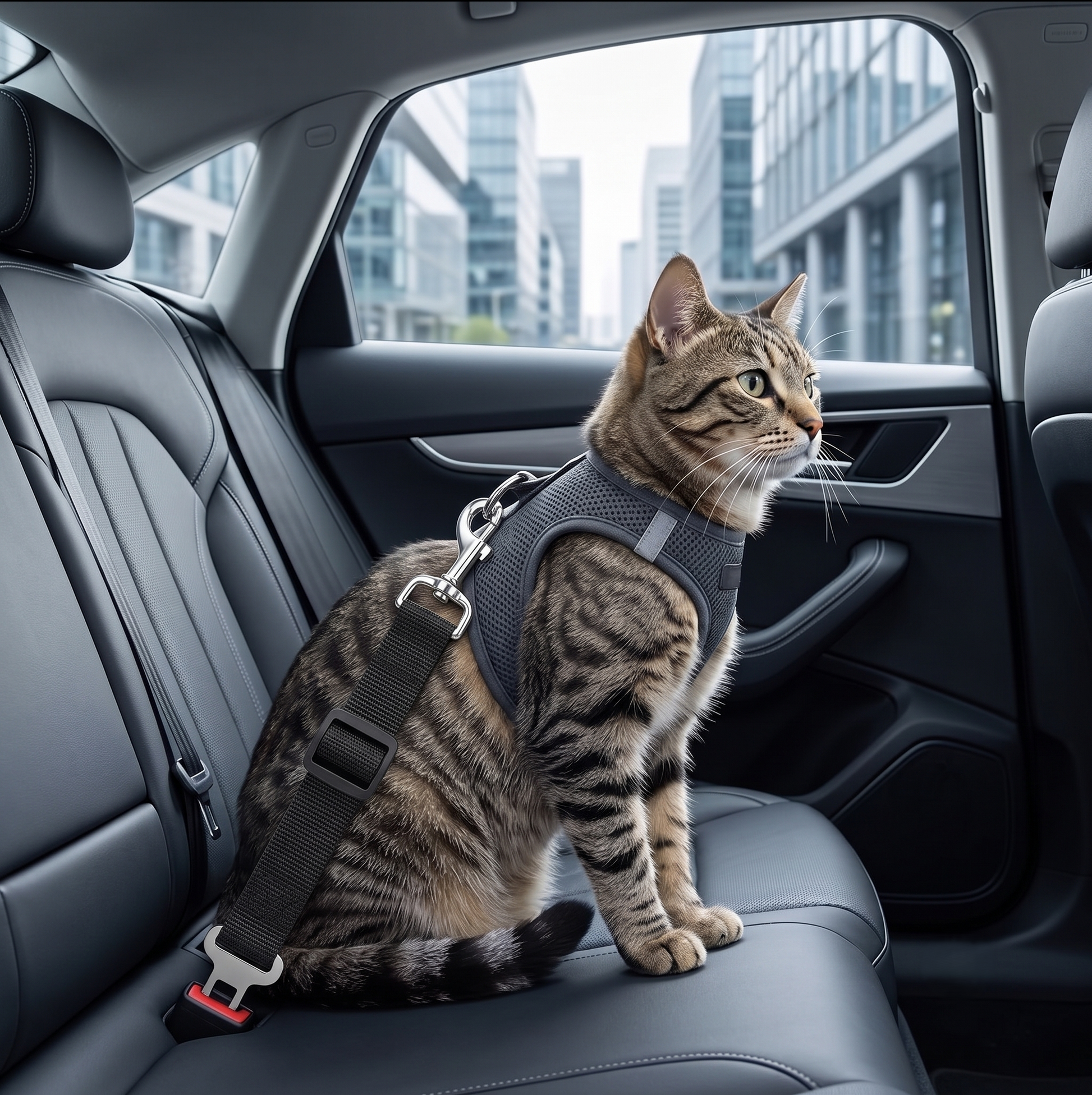 Tabby cat secured in luxury car interior with adjustable pet seat belt - cat car safety harness GianfiStore