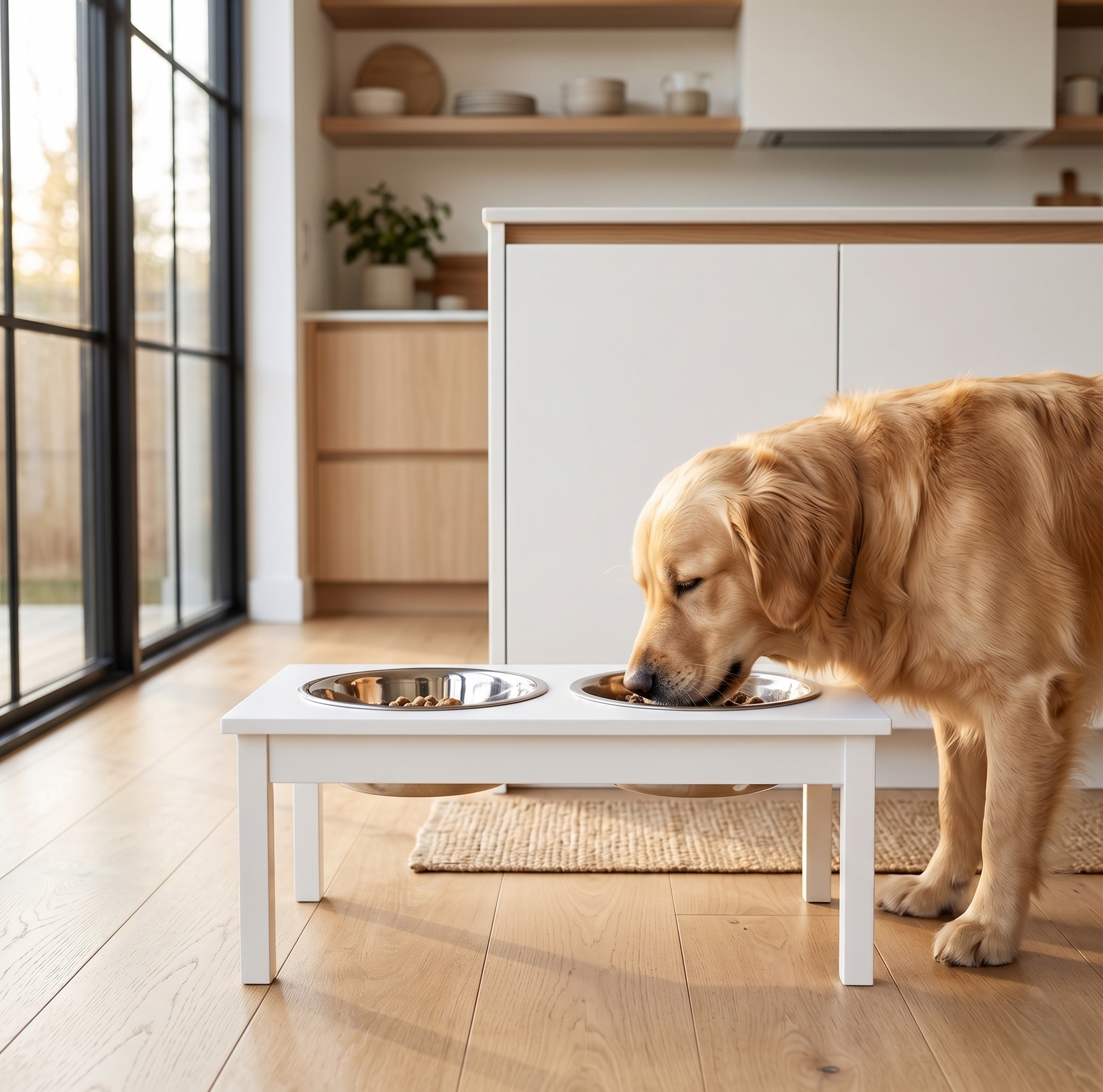 Golden retriever eating from white elevated dog feeder in modern Scandinavian kitchen

