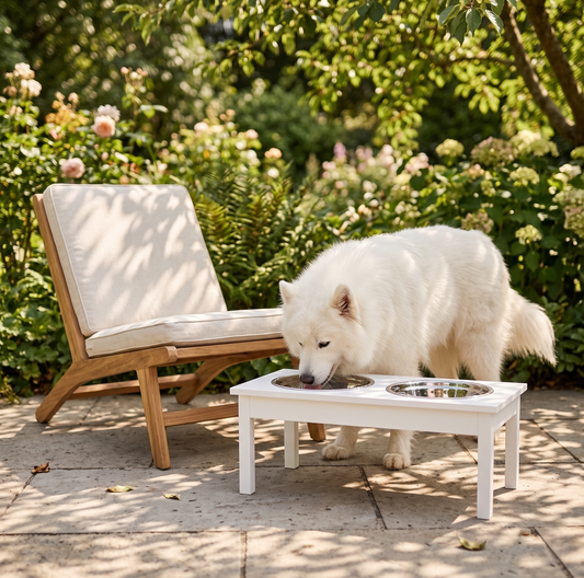 White Samoyed drinking from elevated dog feeder on sunny garden patio

