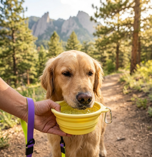 GianfiStore 3-in-1 Collapsible Pet Bowl – Golden Retriever drinking from yellow foldable silicone travel bowl on Colorado hiking trail