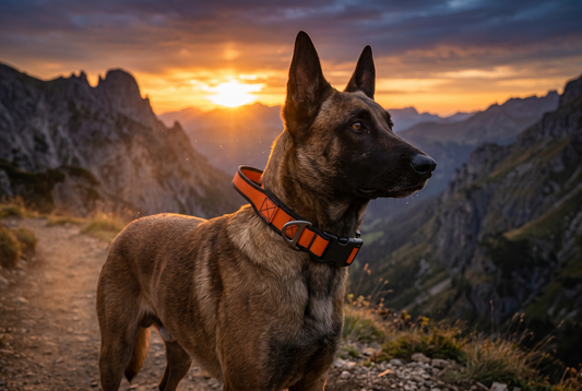 Belgian Malinois wearing orange tactical dog collar at mountain sunset – GianfiStore premium pet gear

