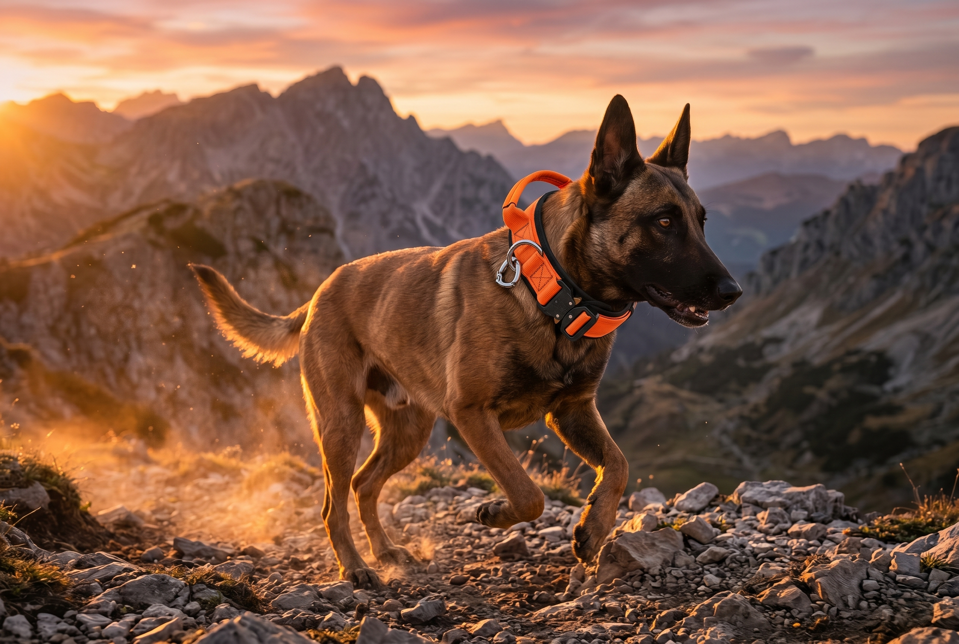 Belgian Malinois running on rocky mountain trail at golden hour wearing orange tactical dog collar – GianfiStore