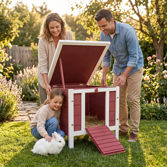 A family enjoying time with their white rabbit beside a red wooden small animal hutch in a sunny garden