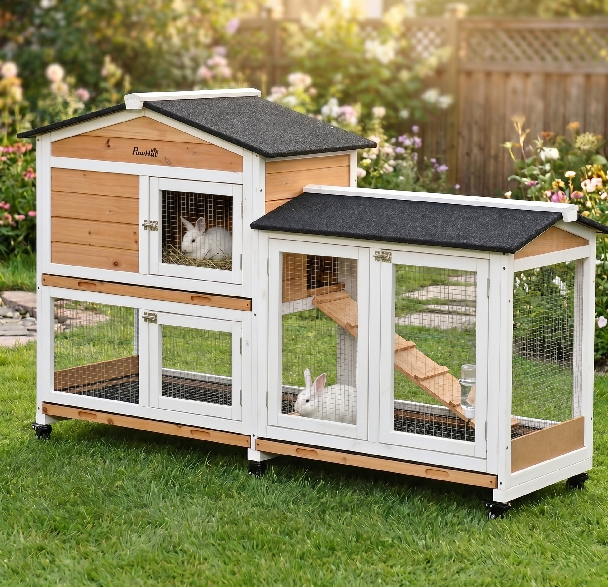 Two white rabbits inside a 62-inch two-story wooden rabbit hutch with natural wood finish in a sunny flower garden