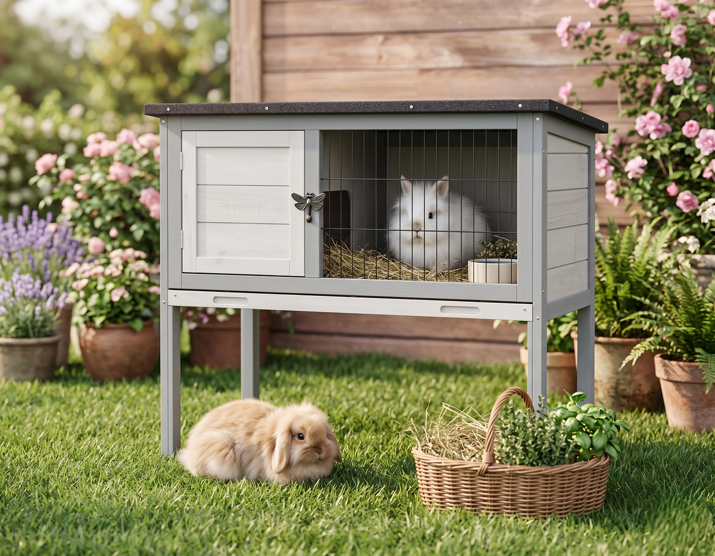 Elevated wooden rabbit hutch in gray with asphalt roof – two rabbits in garden setting with flowers and wicker basket
