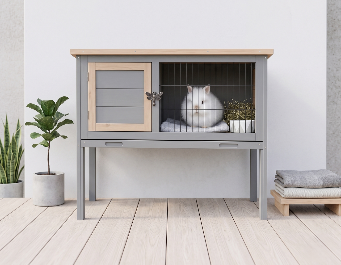 GianfiStore elevated rabbit hutch gray – weatherproof wooden bunny house with asphalt roof, indoor Scandinavian style, white rabbit inside
