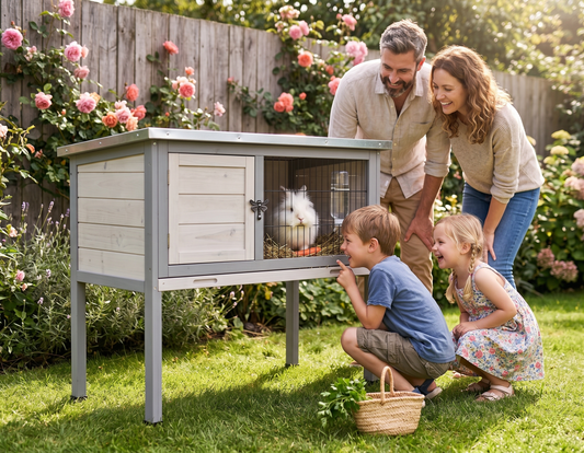 Happy family with two children watching white rabbit in GianfiStore elevated wooden rabbit hutch – backyard garden lifestyle photo
