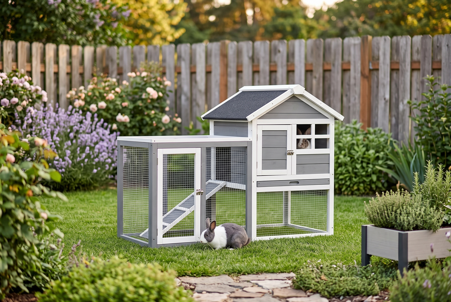 2-tier grey and white wooden rabbit hutch with outdoor run in garden setting, weatherproof bunny cage with asphalt roof