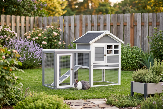 2-tier grey and white wooden rabbit hutch with outdoor run in garden setting, weatherproof bunny cage with asphalt roof