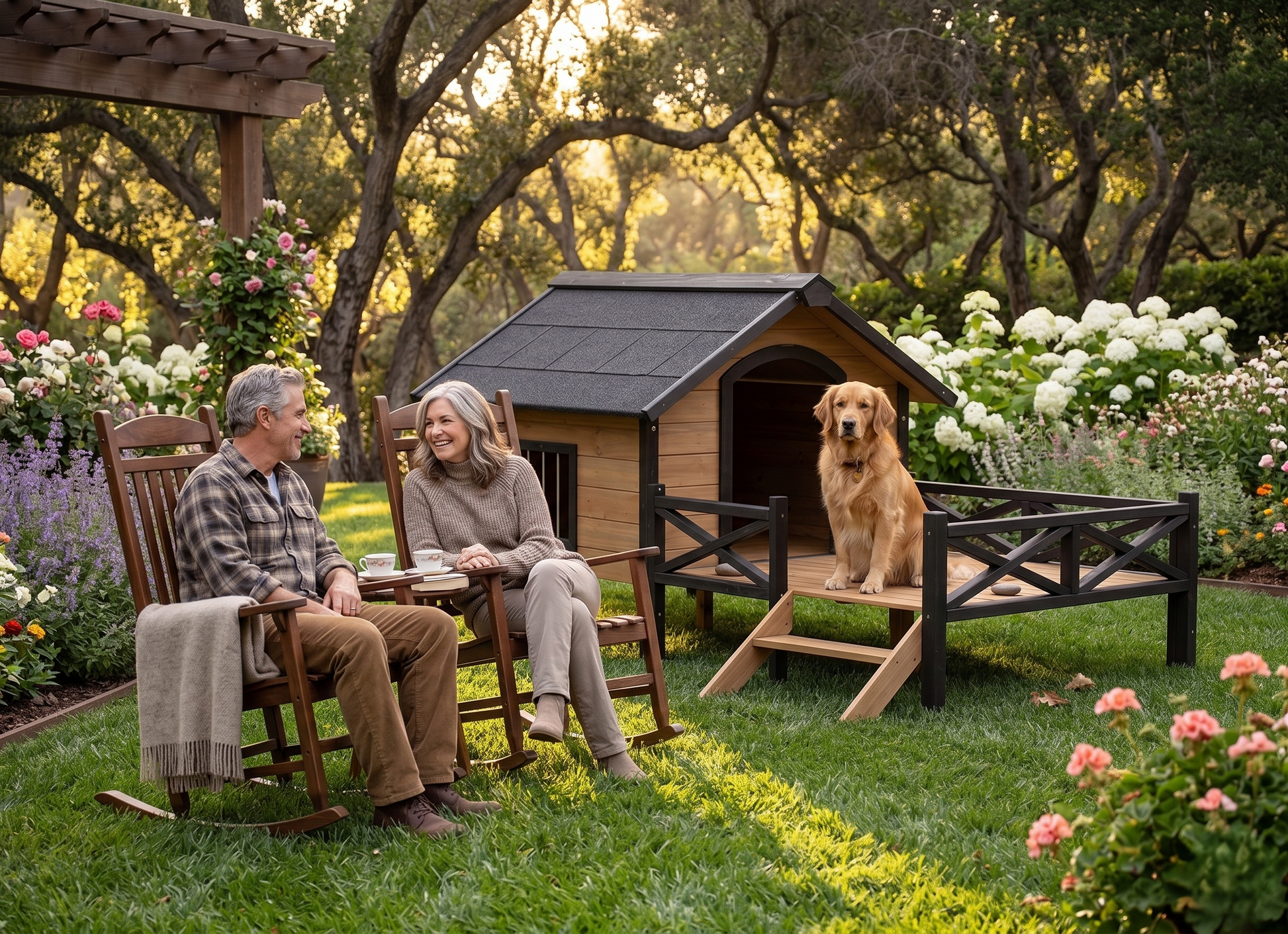 Couple sitting on rocking chairs near walnut brown wooden dog kennel with porch in backyard garden with Golden Retriever — outdoor pet lifestyle