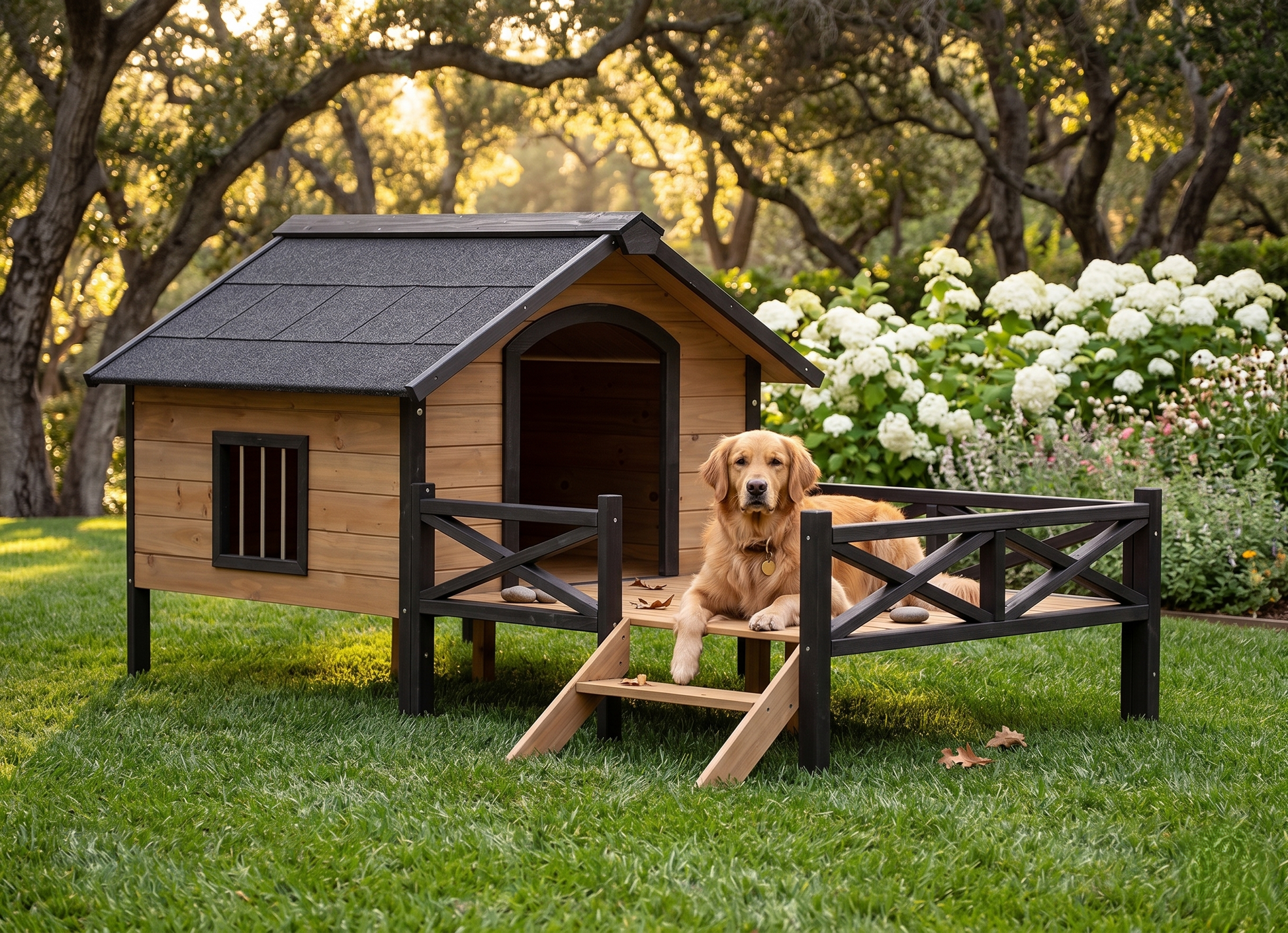 Walnut brown outdoor wooden dog kennel with porch and Golden Retriever relaxing on front porch in lush backyard garden at golden hour

