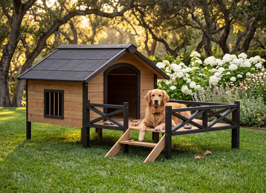 Walnut brown outdoor wooden dog kennel with porch and Golden Retriever relaxing on front porch in lush backyard garden at golden hour

