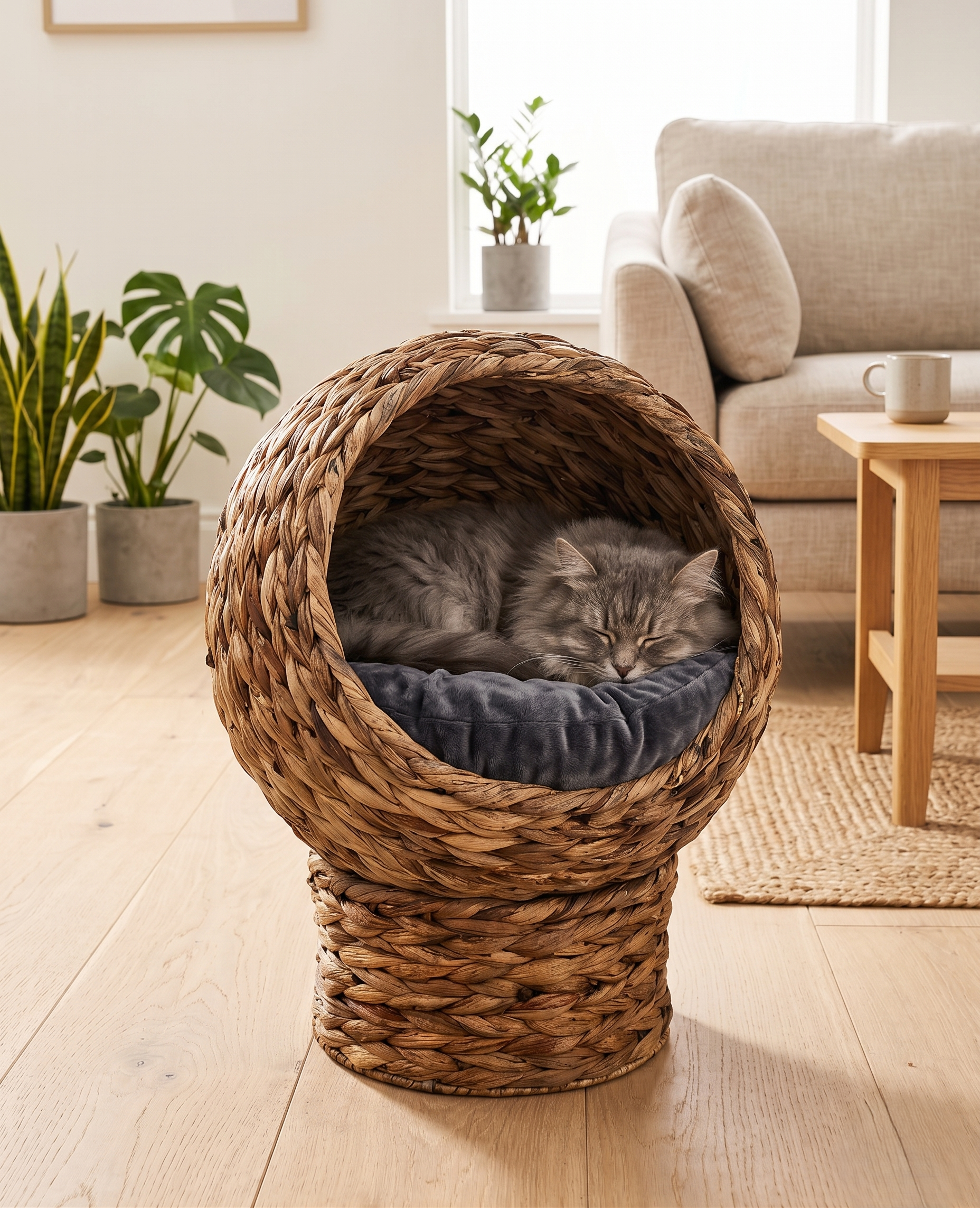 Elevated Wicker Egg Pod Cat Bed with fluffy gray cat sleeping inside, in a bright Scandinavian living room with natural light and green plants