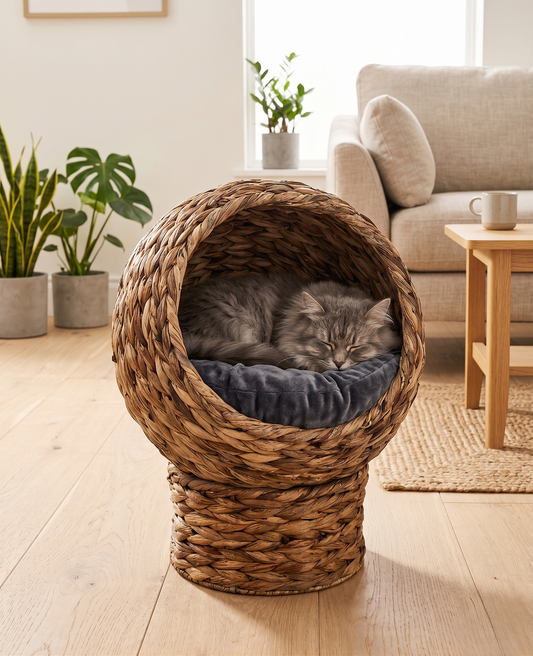 Elevated Wicker Egg Pod Cat Bed with fluffy gray cat sleeping inside, in a bright Scandinavian living room with natural light and green plants