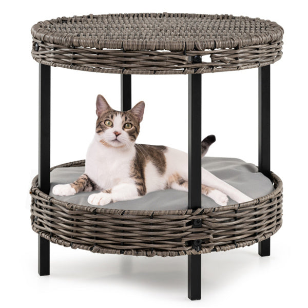 GianfiStore wicker cat house with kitten – gray rattan 2-tier design