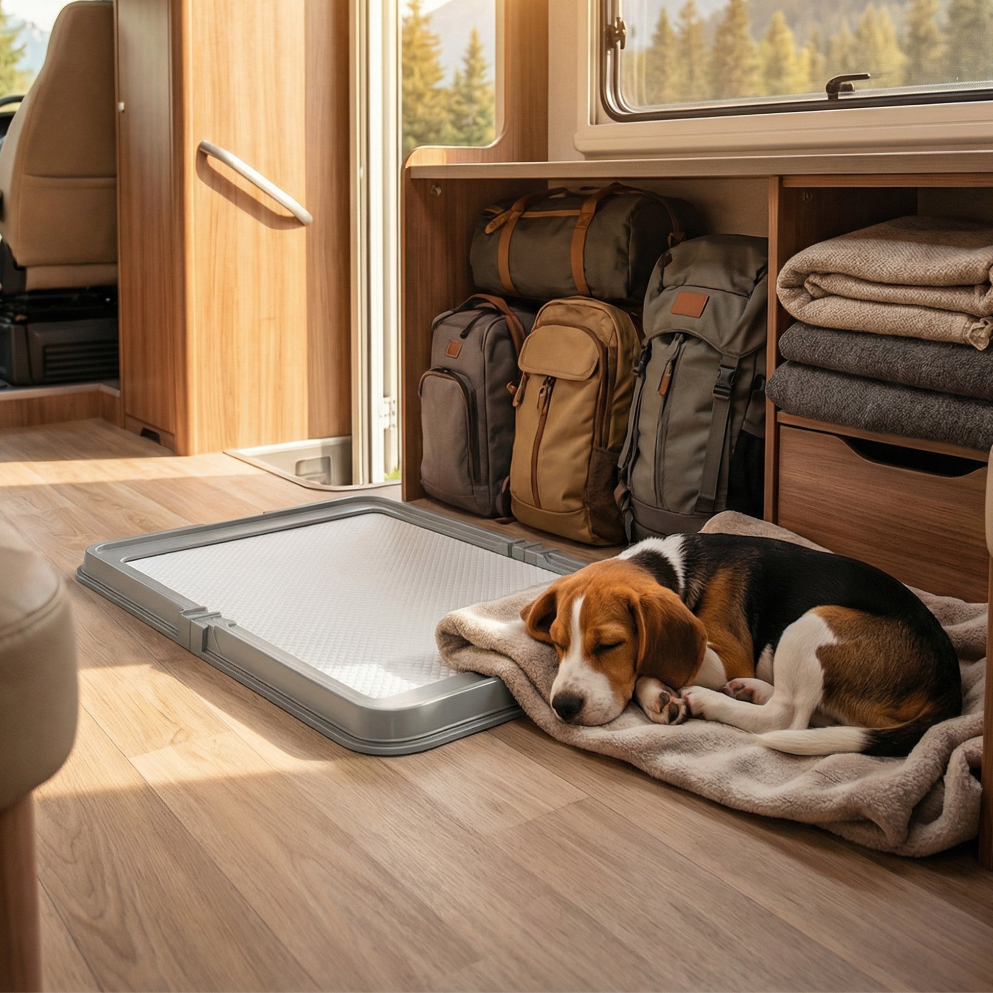 Beagle dog using foldable gray indoor dog litter box on hardwood floor