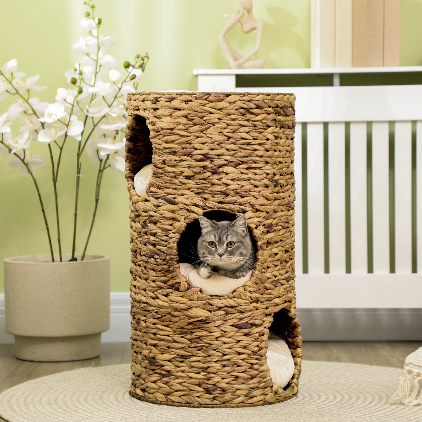 4-Story Cat Tower with Hideaways - Hand-Woven Water Hyacinth | Plush Cushions