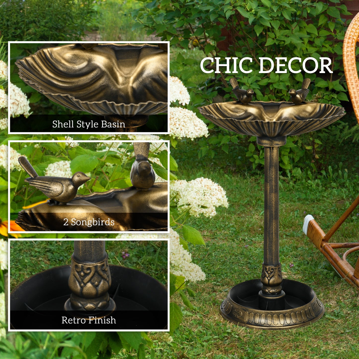 32 inch decorative bird bath with shell-shaped basin, bronze finish