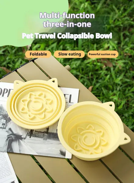 3-in-1 Pet Travel Collapsible Bowl - Foldable Slow Feeder & Lick Mat with Suction Cups