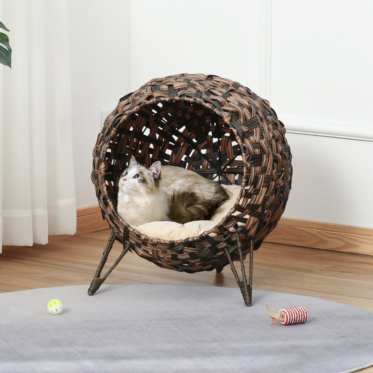Handwoven Elevated Cat Bed – Egg Chair Wicker Basket House with Cushion