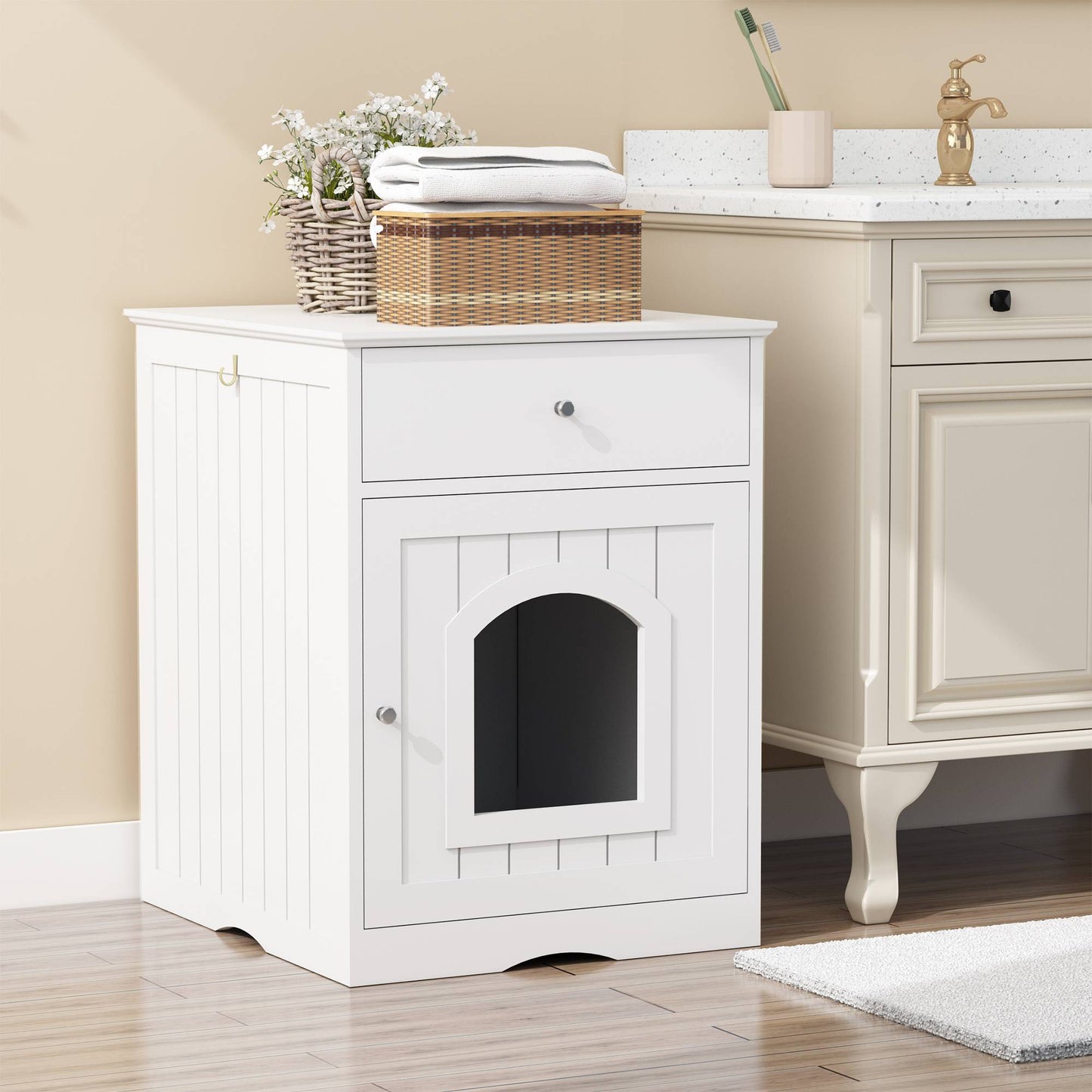 Hidden Cat Litter Box Enclosure – Solid Wood End Table with Storage Drawer | White
