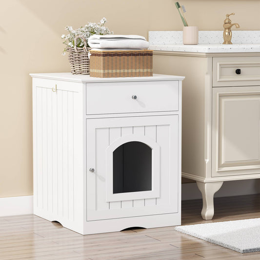 Hidden Cat Litter Box Enclosure - Wooden Pet House End Table | Modern White Furniture with Storage