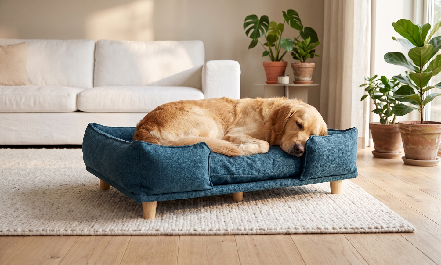 Golden Retriever sleeping peacefully on GianfiStore raised dog sofa bed with pine wood legs in bright living room