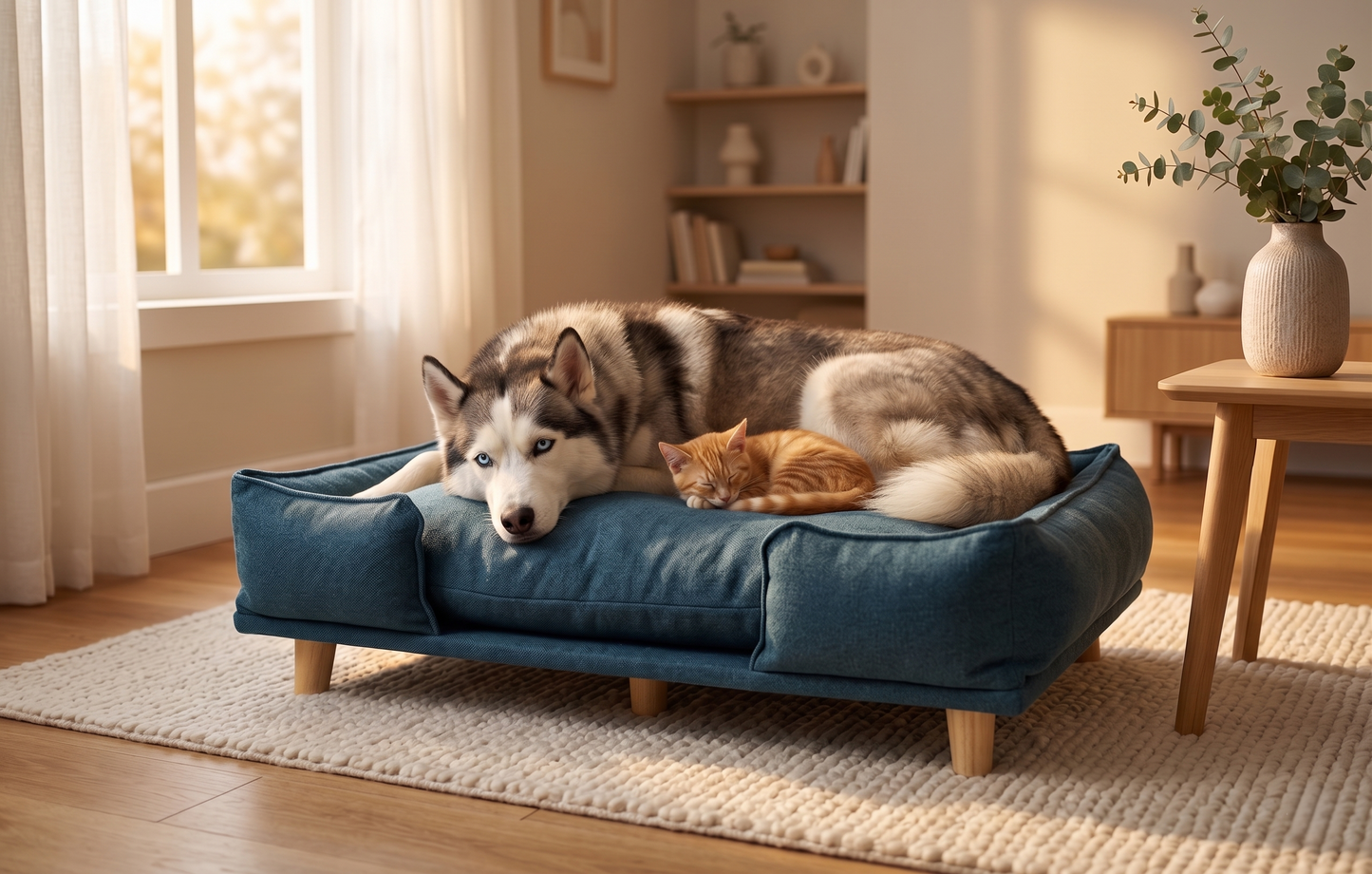 Siberian Husky and orange tabby cat sleeping together on GianfiStore raised dog sofa bed in Scandinavian living room