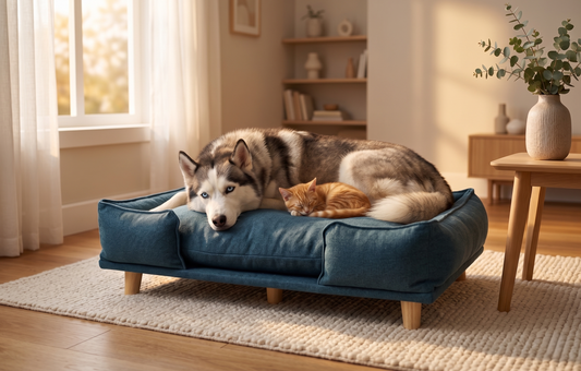 Siberian Husky and orange tabby cat sleeping together on GianfiStore raised dog sofa bed in Scandinavian living room