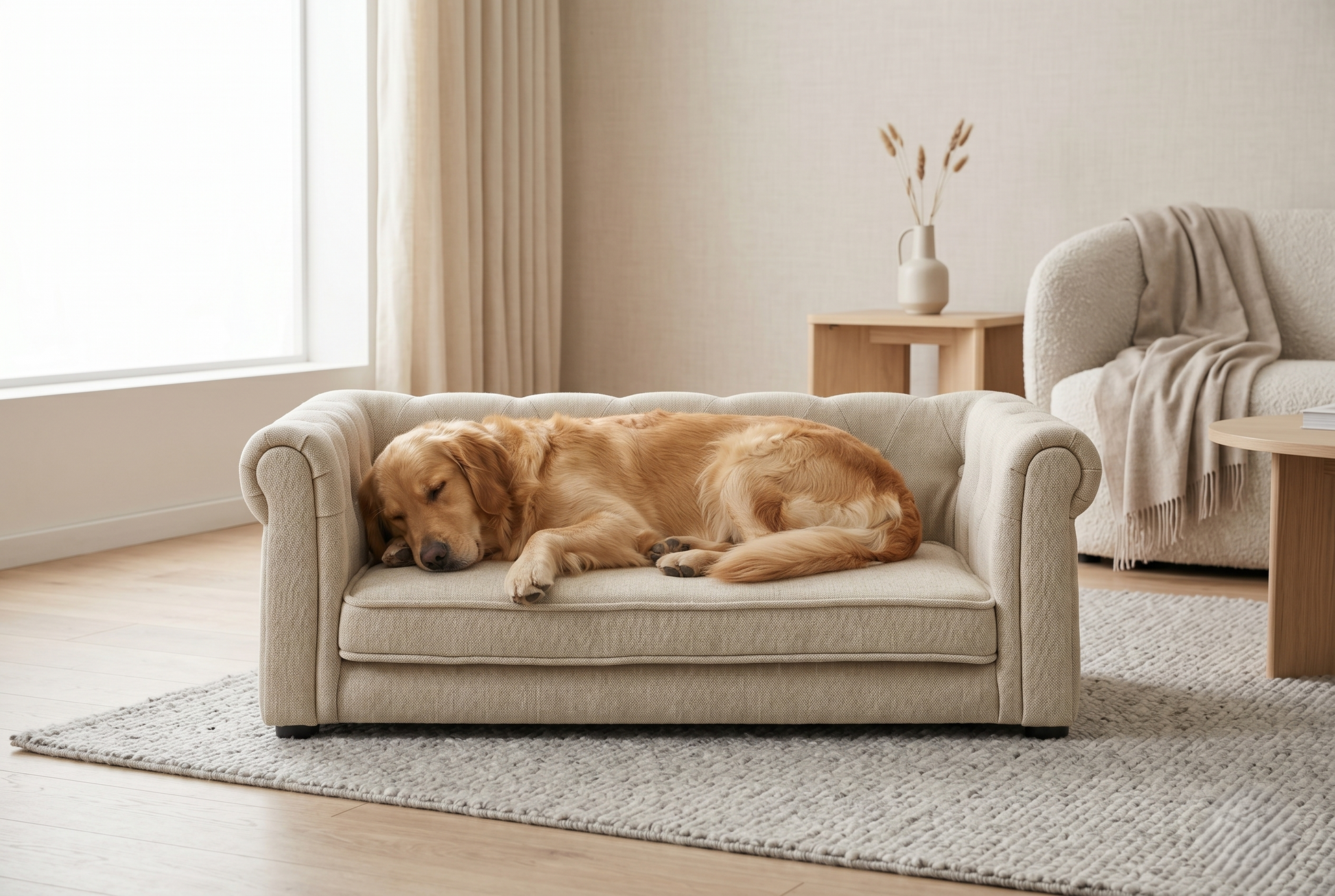Golden Retriever resting peacefully on Elegant Rectangular Pet Bed in a bright modern living room