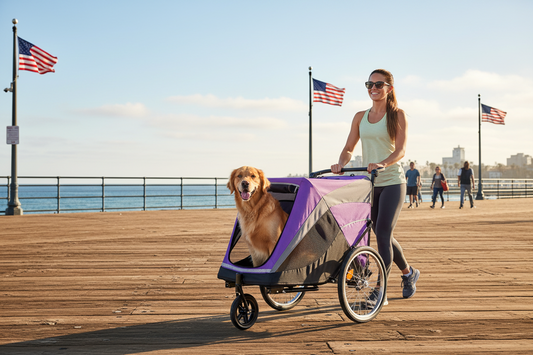 Woman pushing GianfiStore purple dog stroller on Santa Monica Pier – Golden Retriever inside, American flags, ocean view
