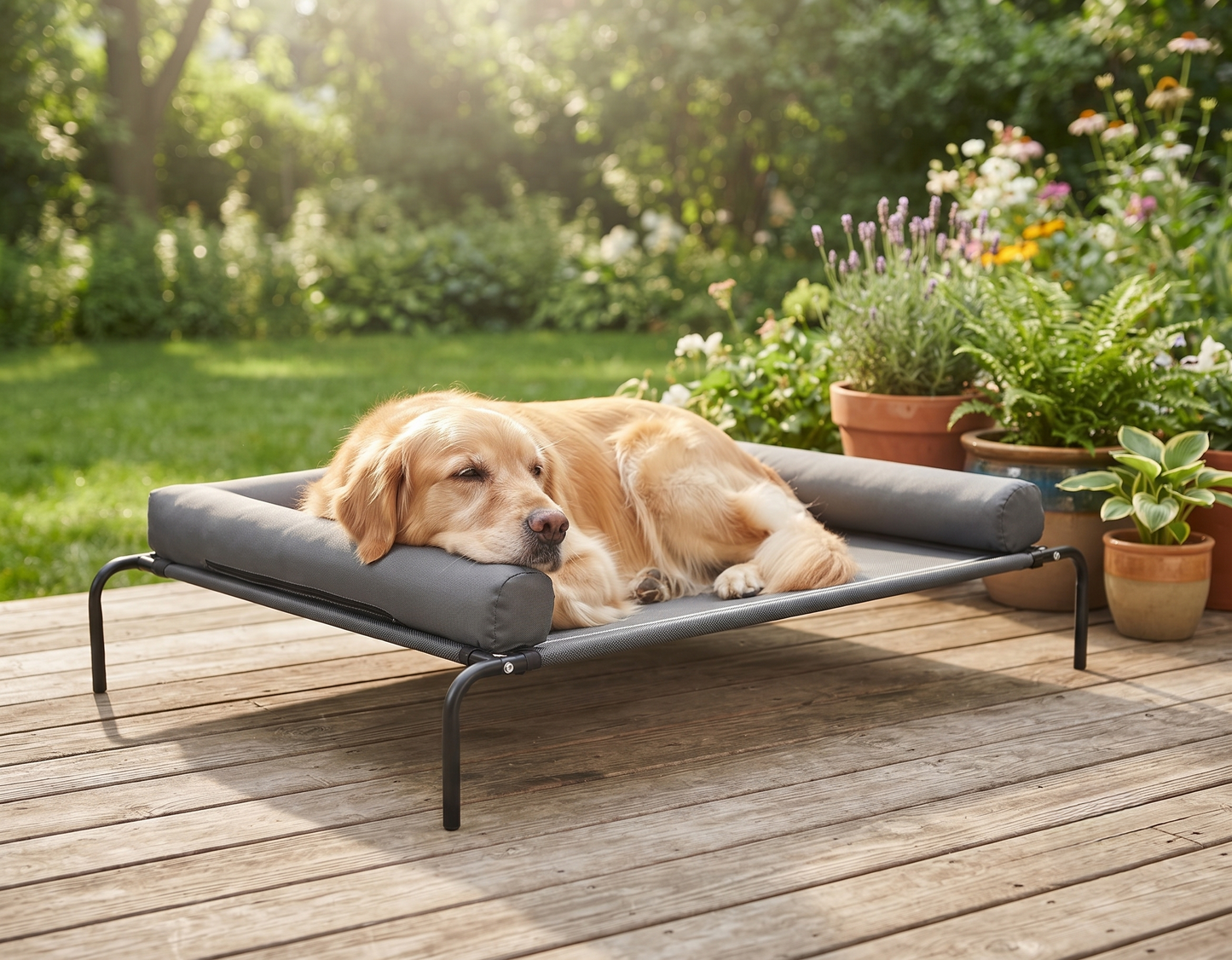 Elevated dog bed XL - golden retriever on wooden deck garden
