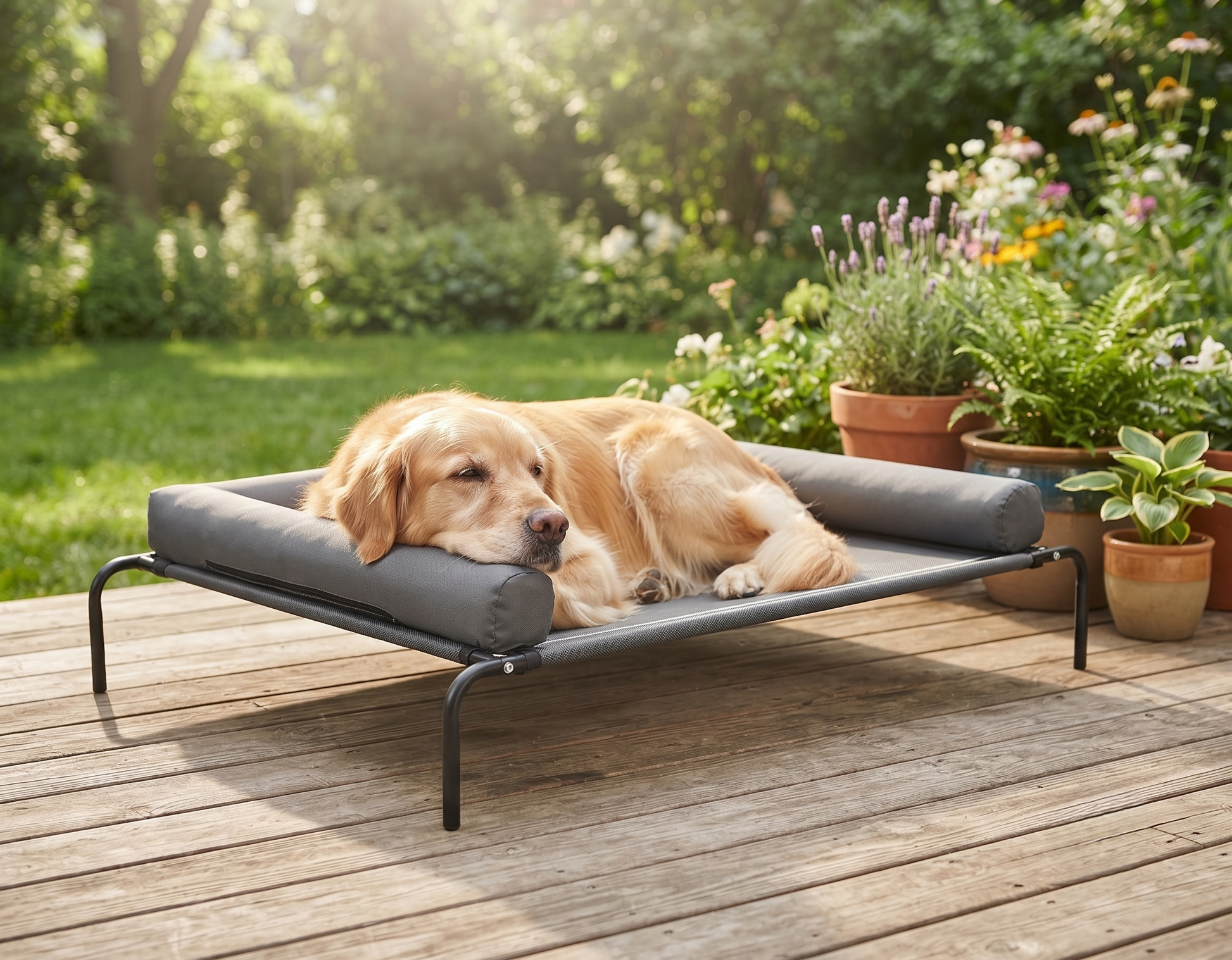 Elevated dog bed XL - golden retriever on wooden deck garden