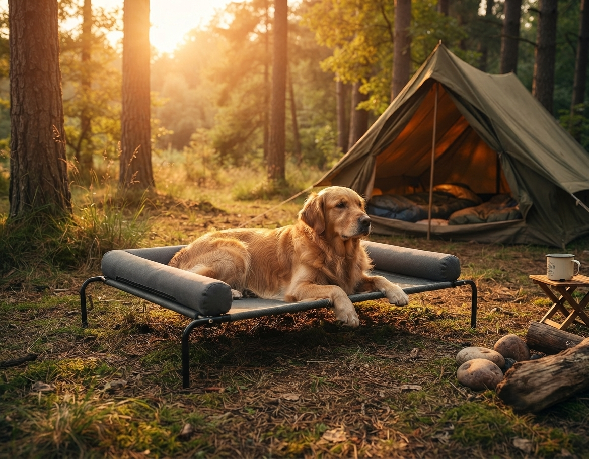 Elevated dog bed XL - golden retriever camping forest golden hour
