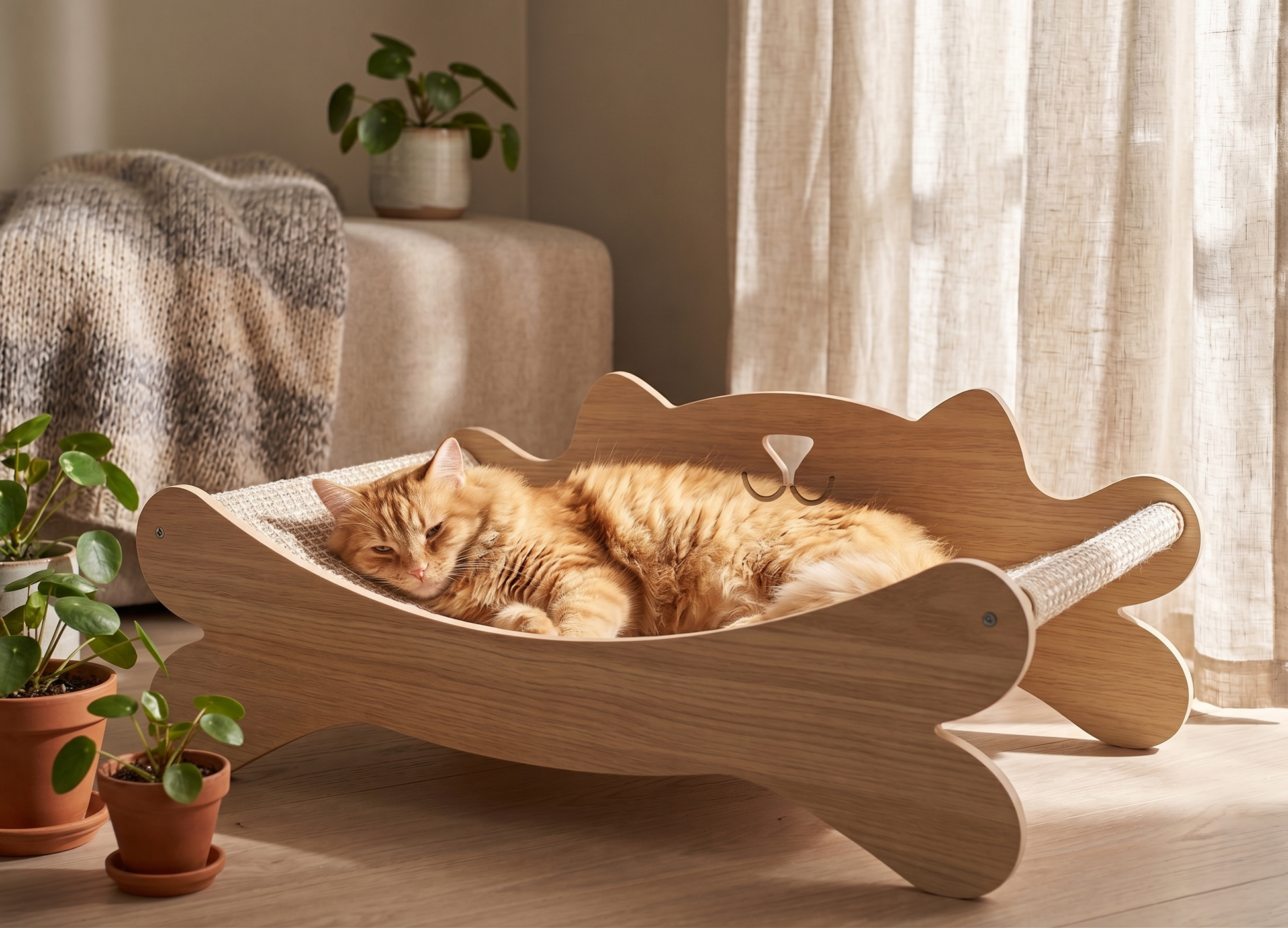Sunlight, silence, and the perfect nap. Your cat deserves a cozy corner of their own — and this is it. Natural wood, soft sisal, and a shape that hugs them just right.