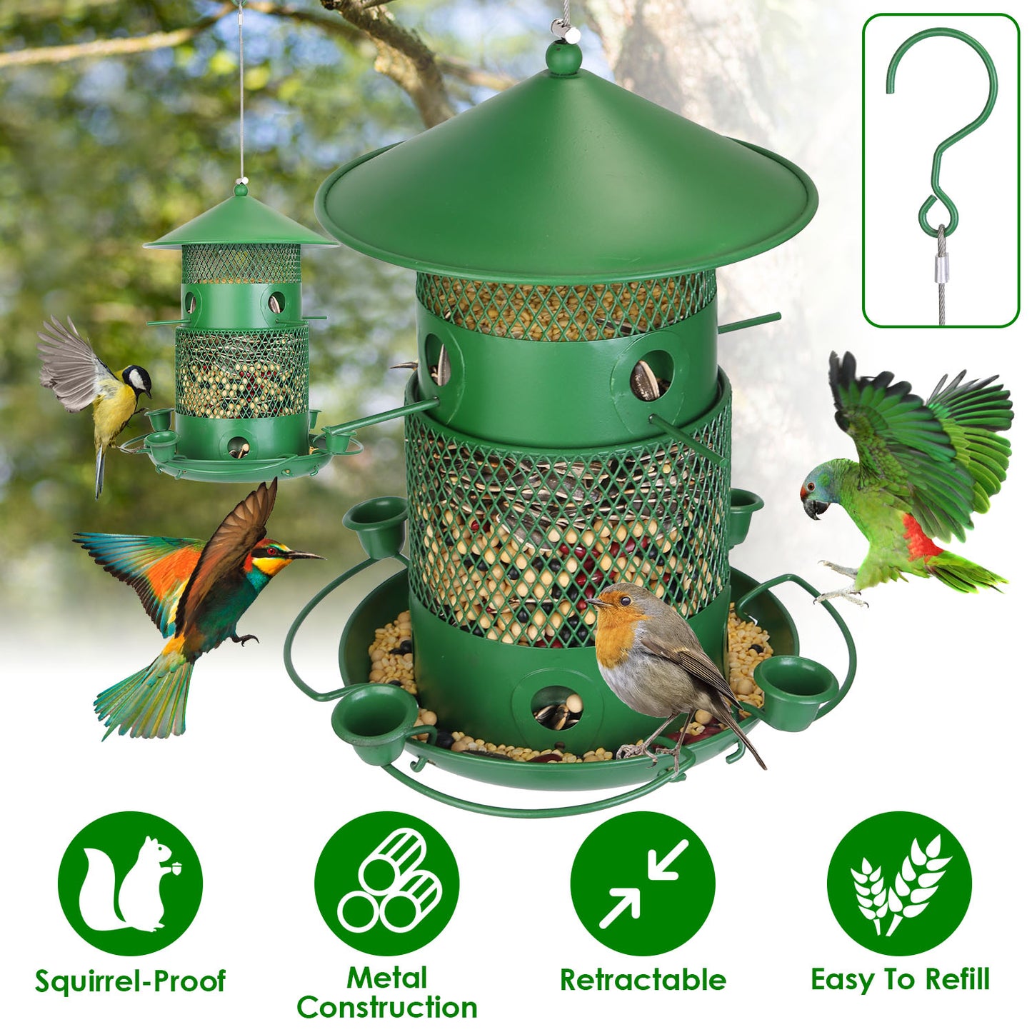 3-Tier Deluxe Wild Bird Station — Squirrel-Proof Rustproof Metal | 6 Perches & 4 Water Cups