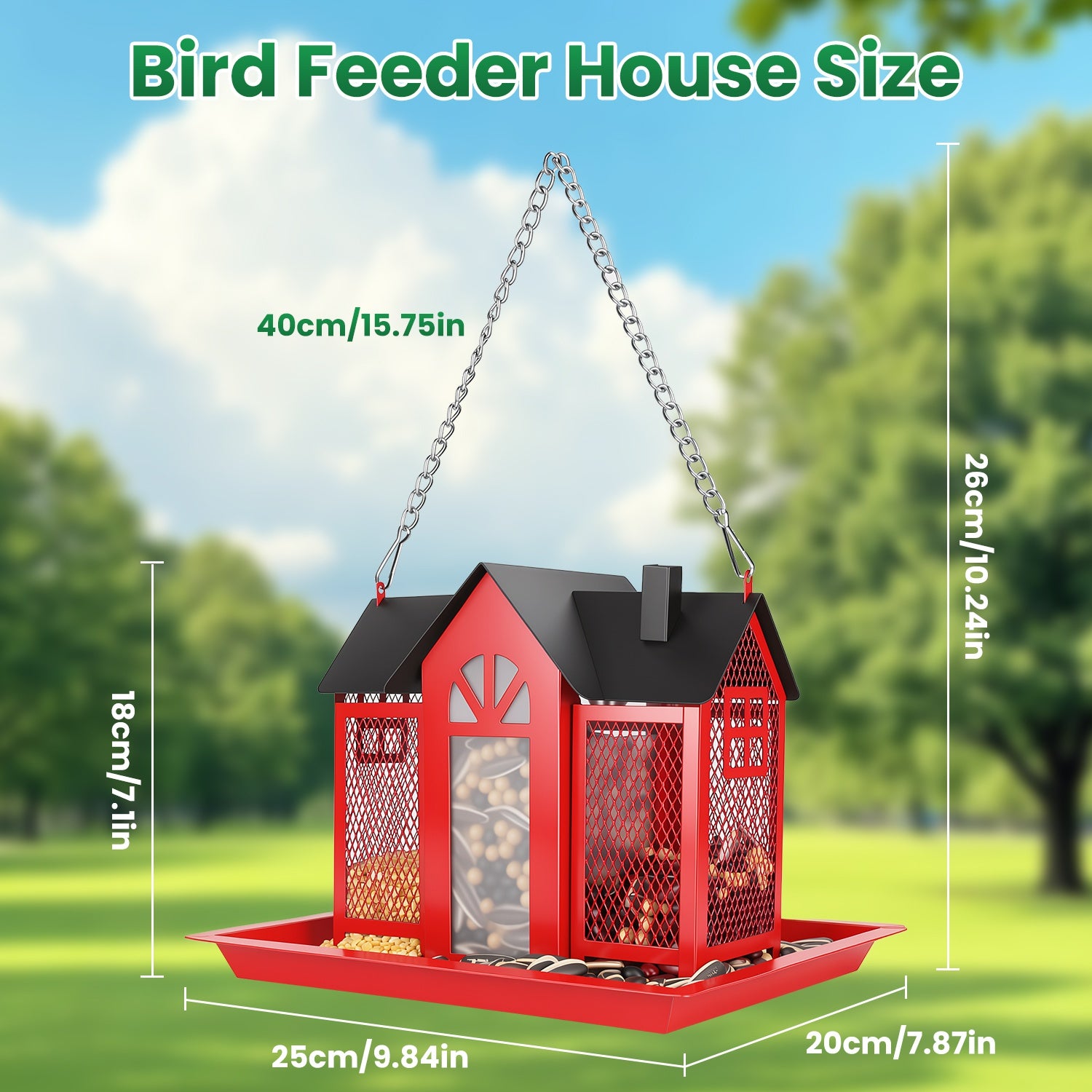 Bird feeder house size chart showing 15.75 inch hanging length dimensions
