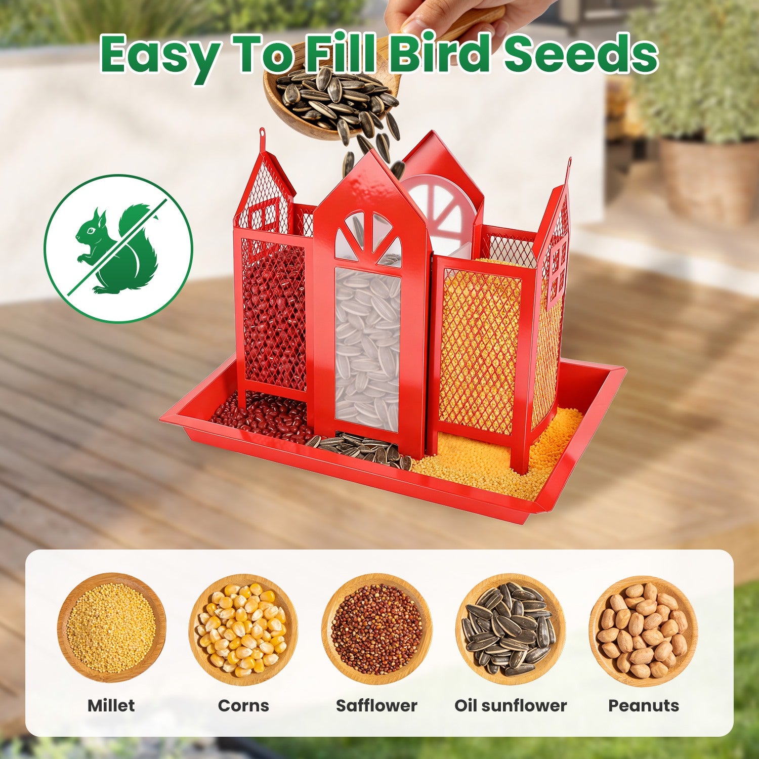 Easy to fill bird seeds — compatible with mixed seeds, sunflower, safflower and kernels