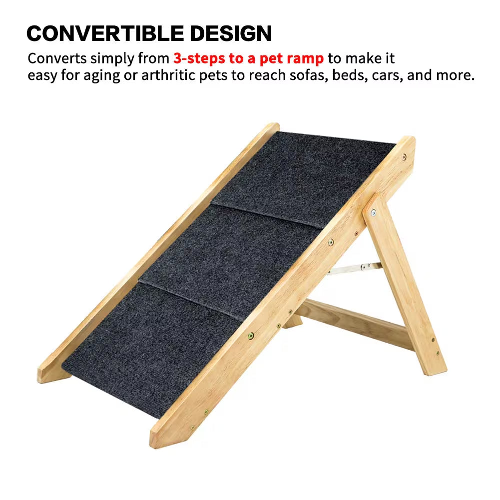 GianfiStore™ Folding Wooden Dog Stairs — 3-Step Pet Ramp for Beds & Cars | Supports 110 lbs