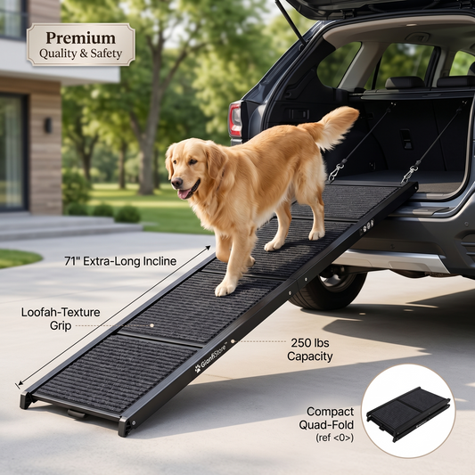 71 Inch Extra Long Quad-Fold Dog Ramp - Heavy Duty Aluminum | Supports 250lbs for SUV & Truck