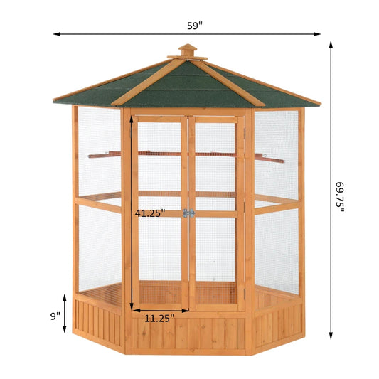 Hexagonal outdoor bird aviary fir wood natural brown green covered roof double door garden