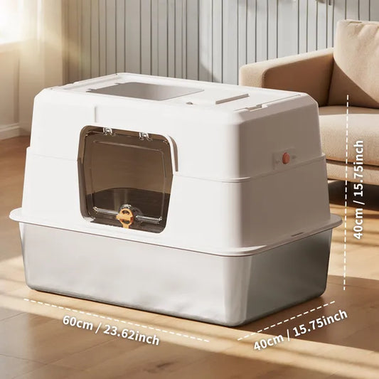 Fully enclosed stainless steel cat litter box in black with magnetic front flap door, modern home decor