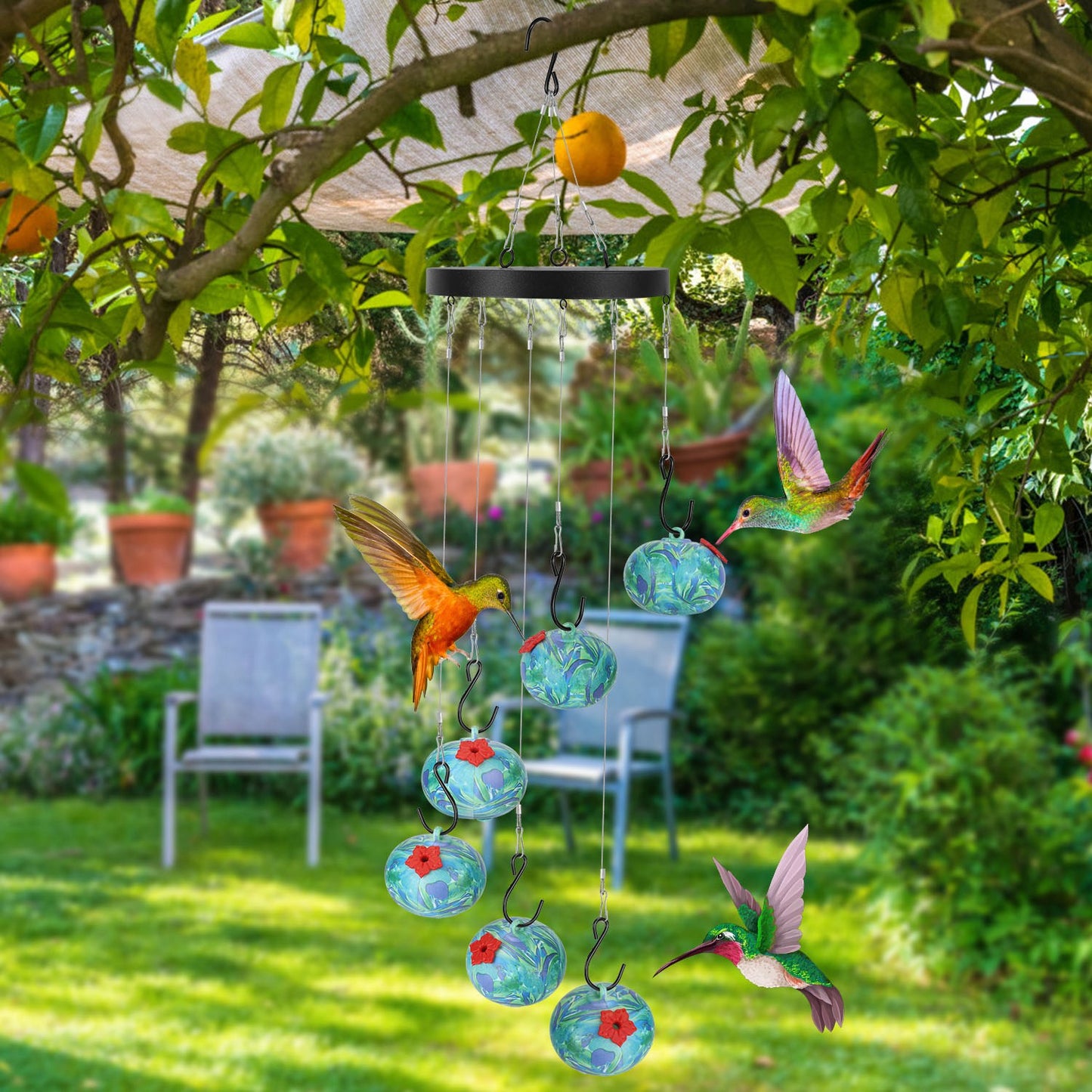 Wind chime hummingbird feeder full view – 22 inch hanging garden decoration