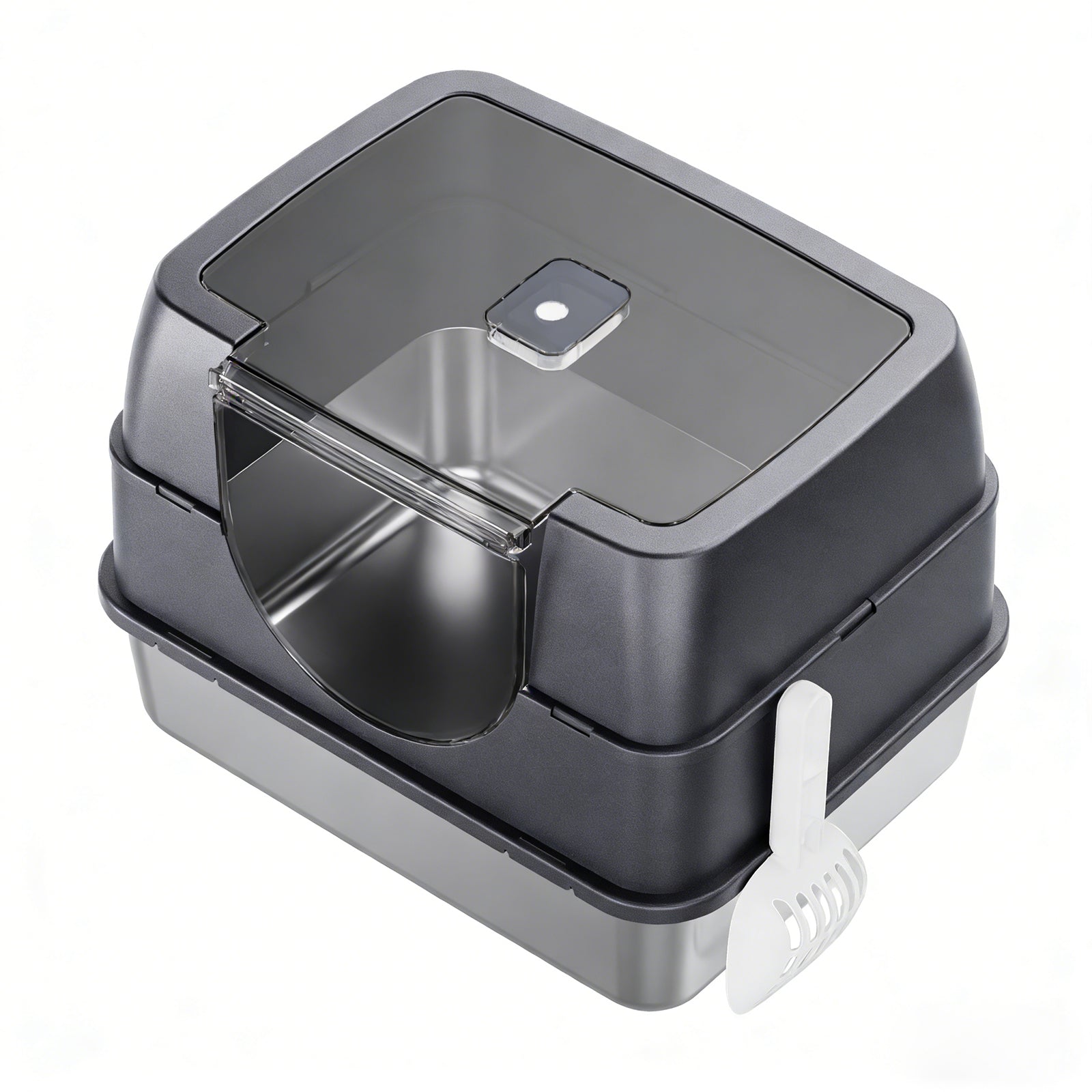Enclosed cat litter box side view with stainless steel base