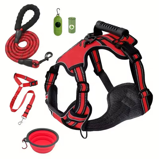 Tactical Dog Harness Set - Car Seat Belt, Collapsible Bowl & Biodegradable Bags Included